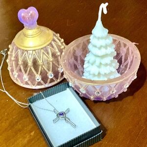 Custom Faux Stained Glass Trinket Box, Soy Tree Candle & Amethyst Cross Necklace
